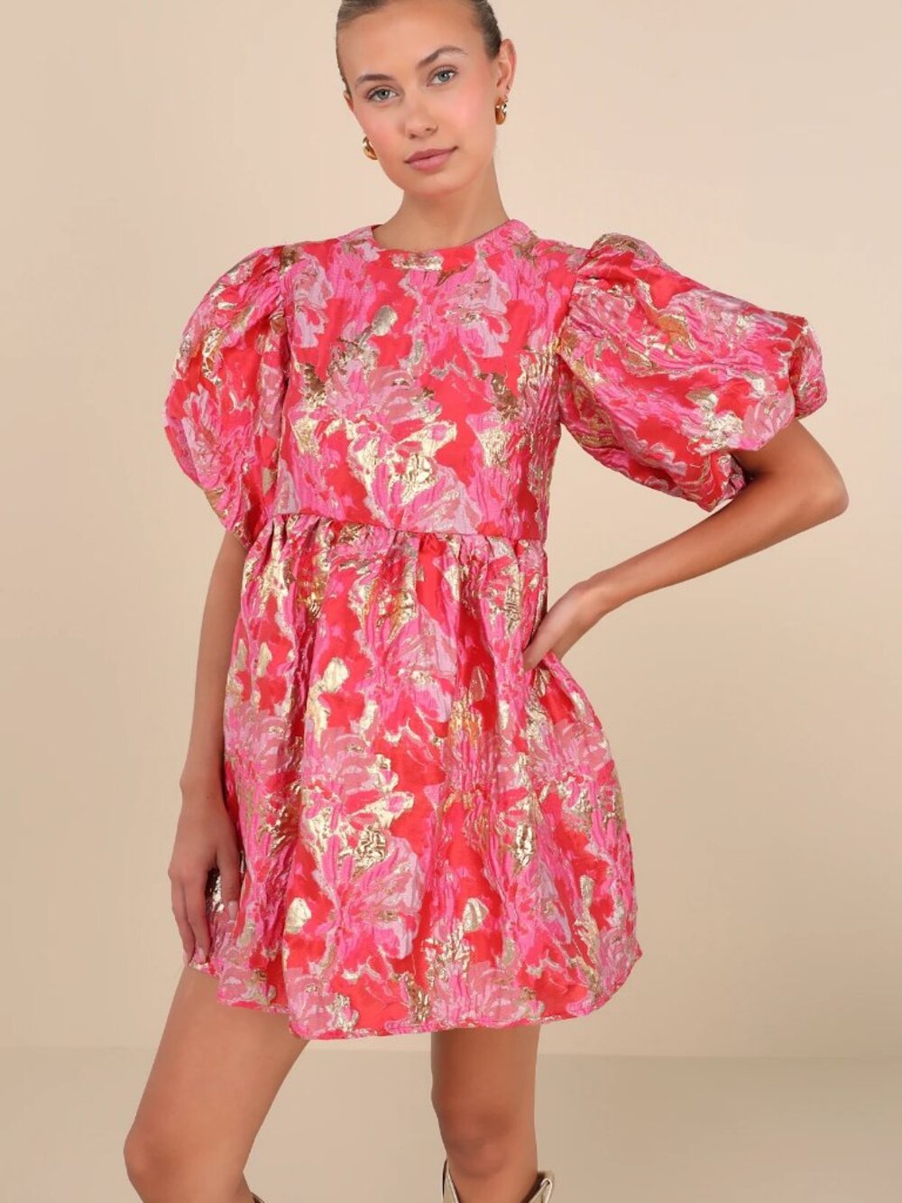 Sister Jane Palmetto Babydoll Dress Pink Gold XS